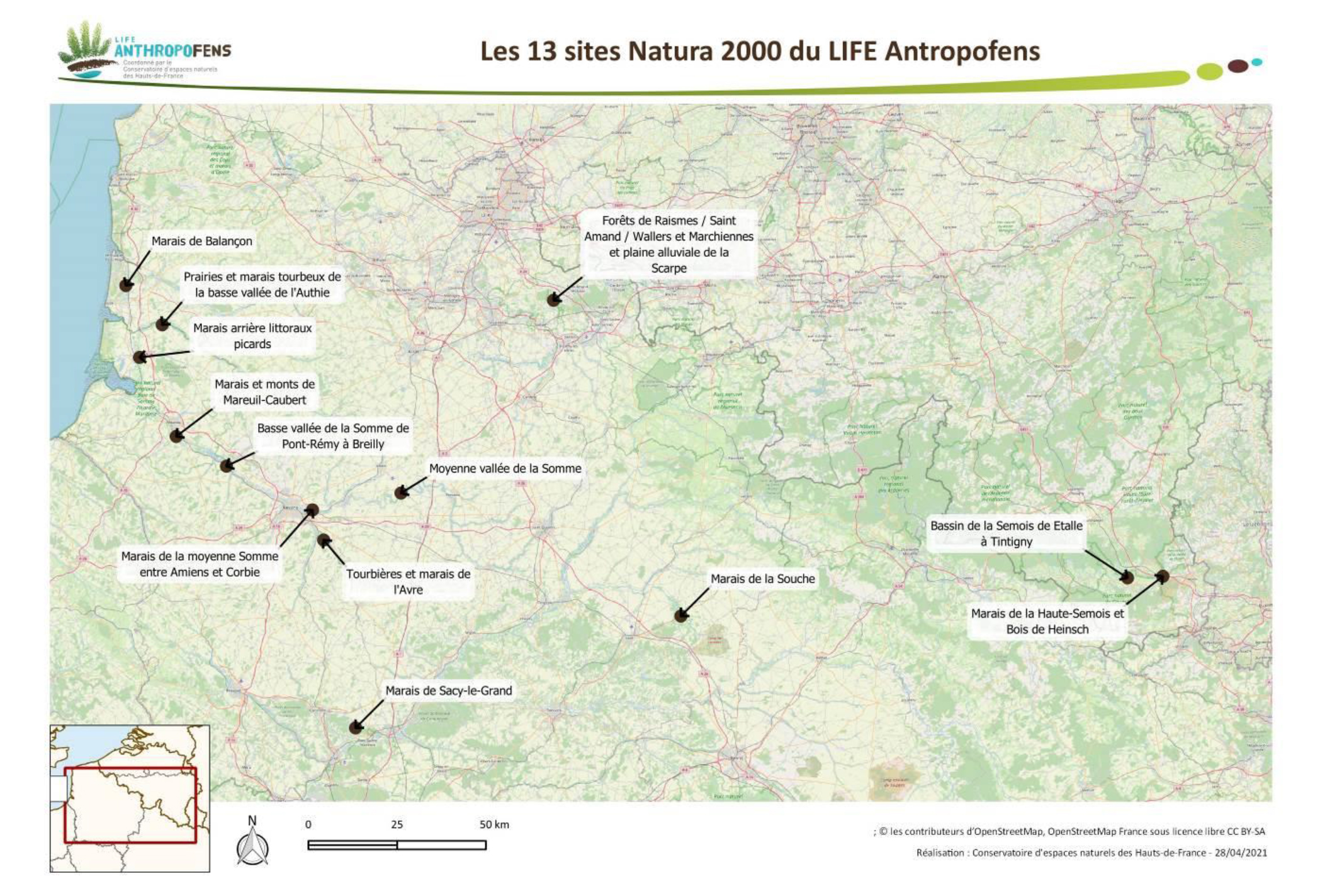 Carte : sites concernés par le LIFE Anthropofens
